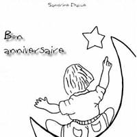 Illustration d’un enfant assis sur un croissant de lune sous une étoile, avec le texte « Bon anniversaire », utilisée pour promouvoir une offre d’anniversaire.